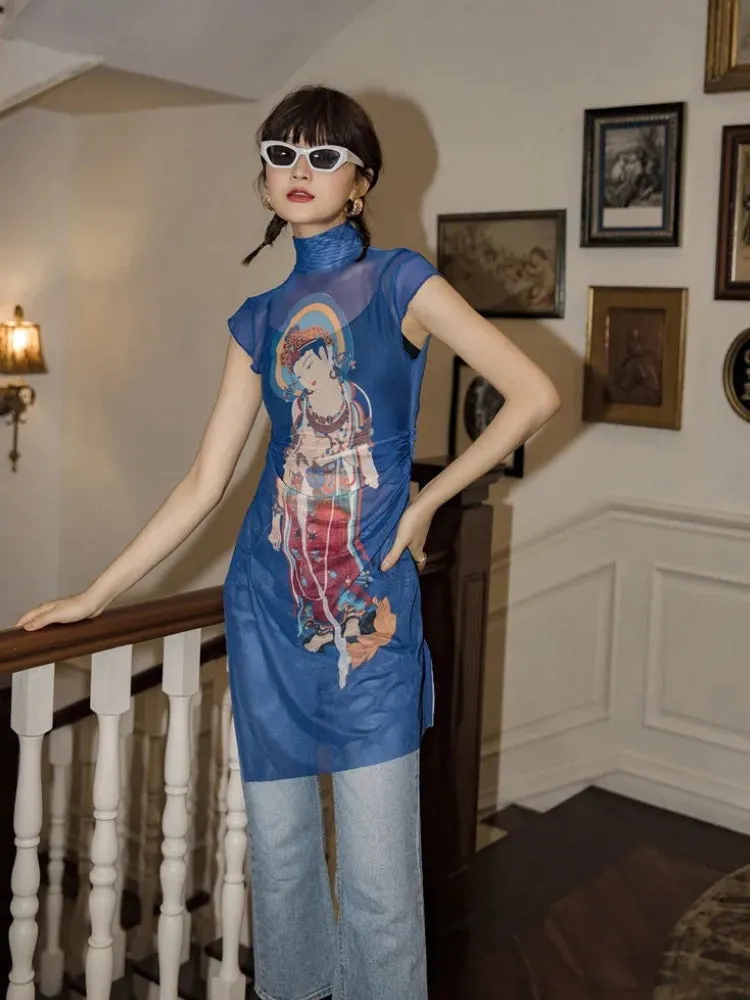 Y2K Chinese Woman Mesh Top