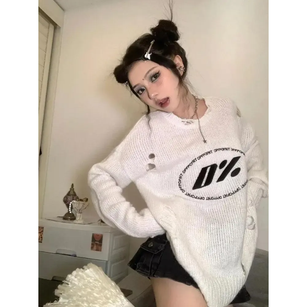 Y2K Grunge Distressed Knitted Sweater with Unique Embroidery Details