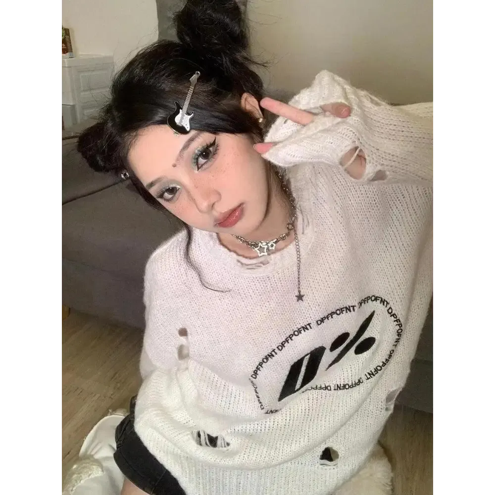 Y2K Grunge Distressed Knitted Sweater with Unique Embroidery Details