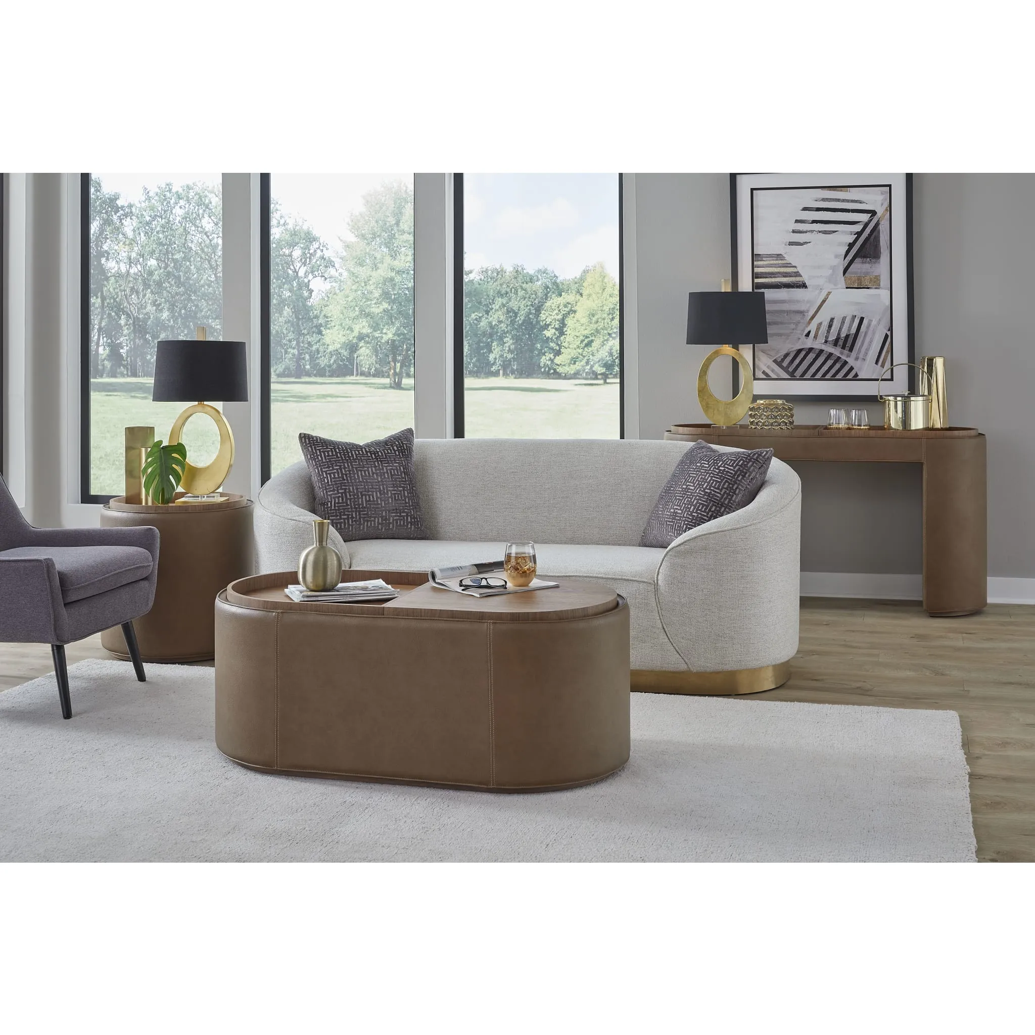Yeal Leather Upholstered Storage Console Table with Wooden Tray Top