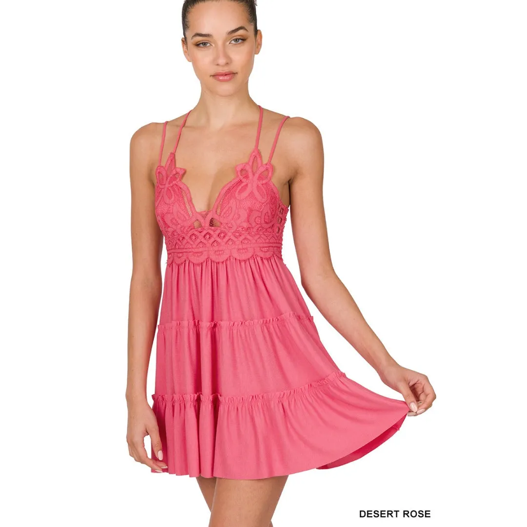 Zenana Magenta Strappy Lace Ruffled Super Short Mini Dress LT6352
