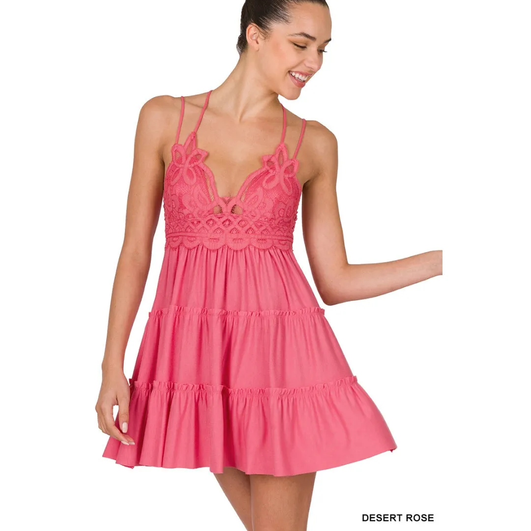 Zenana Magenta Strappy Lace Ruffled Super Short Mini Dress LT6352