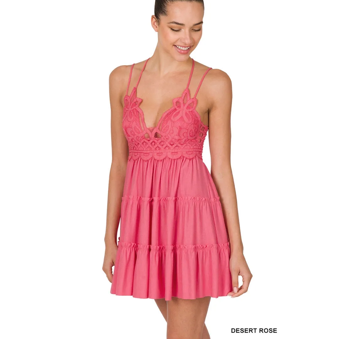 Zenana Magenta Strappy Lace Ruffled Super Short Mini Dress LT6352